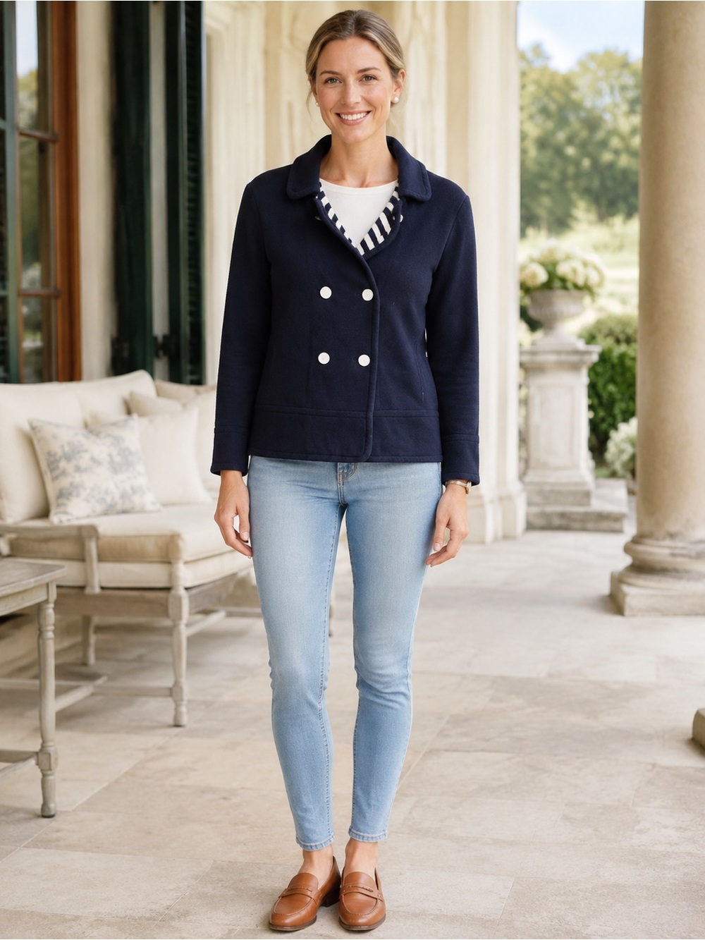 Tory Burch Double-Breasted Navy Pea Coat Sweater with White Buttons Wize Large